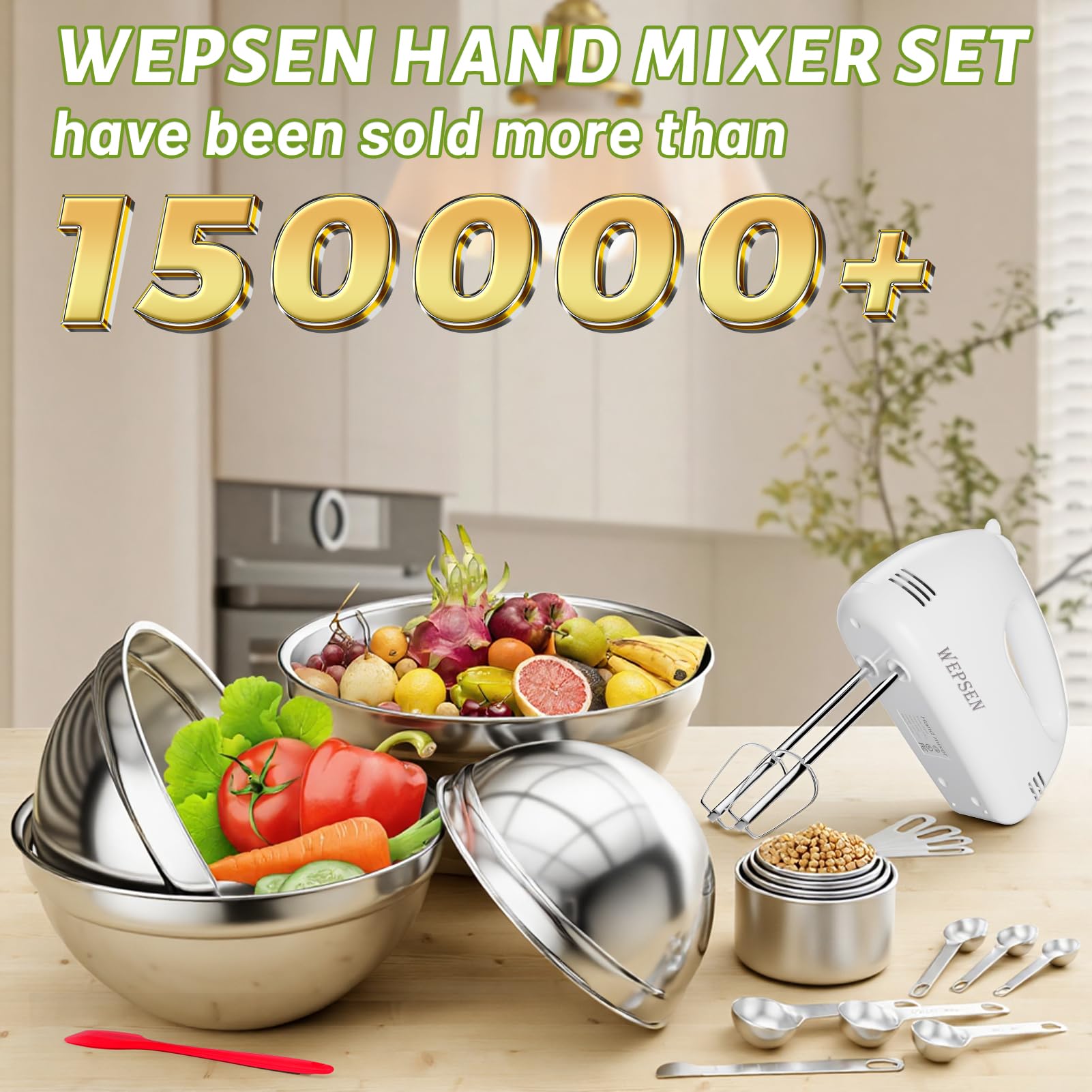 WEPSEN nesting stainless steel bowls in a four-pack for prep and serving