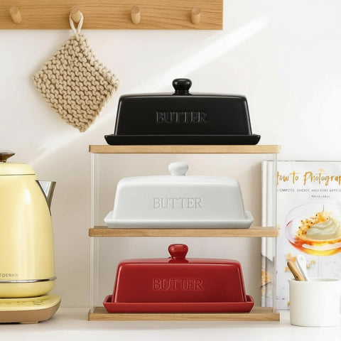 WERTIOO black ceramic butter dish adds sleek kitchen contrast.