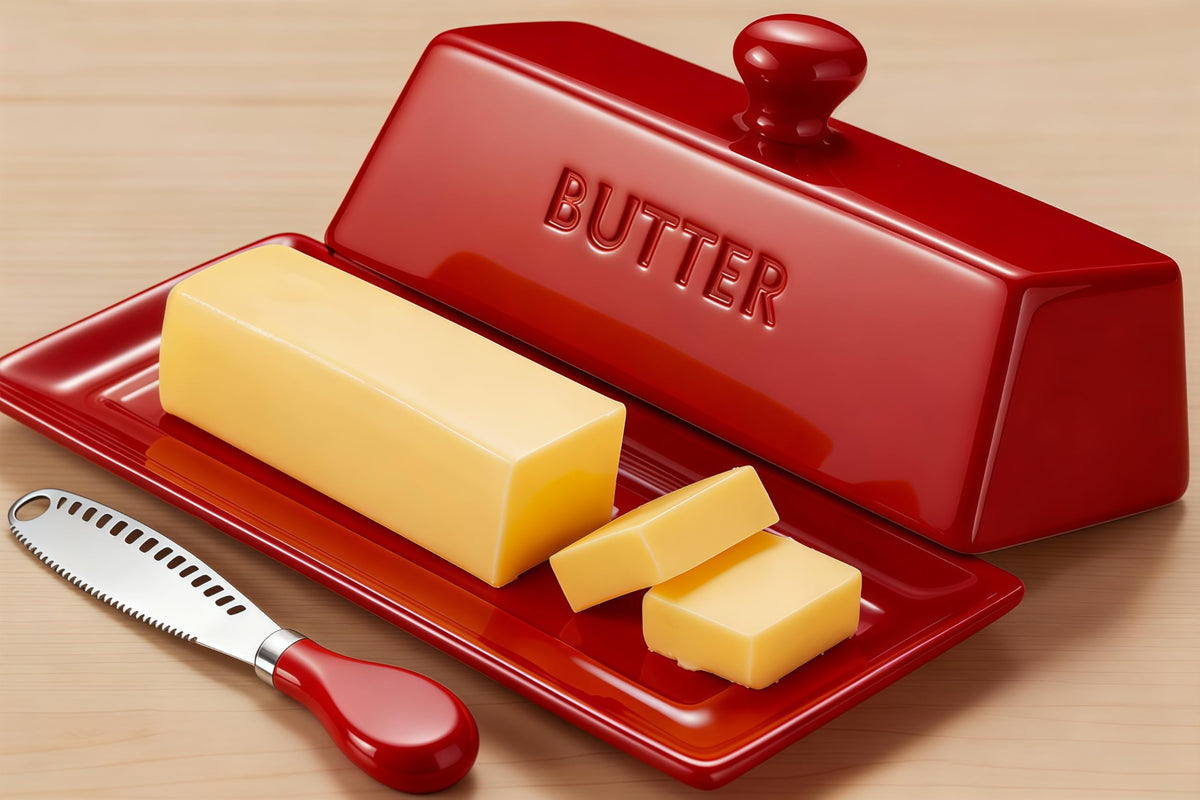 WERTIOO butter dish with lid on countertop showing bold red color and clean appearance.