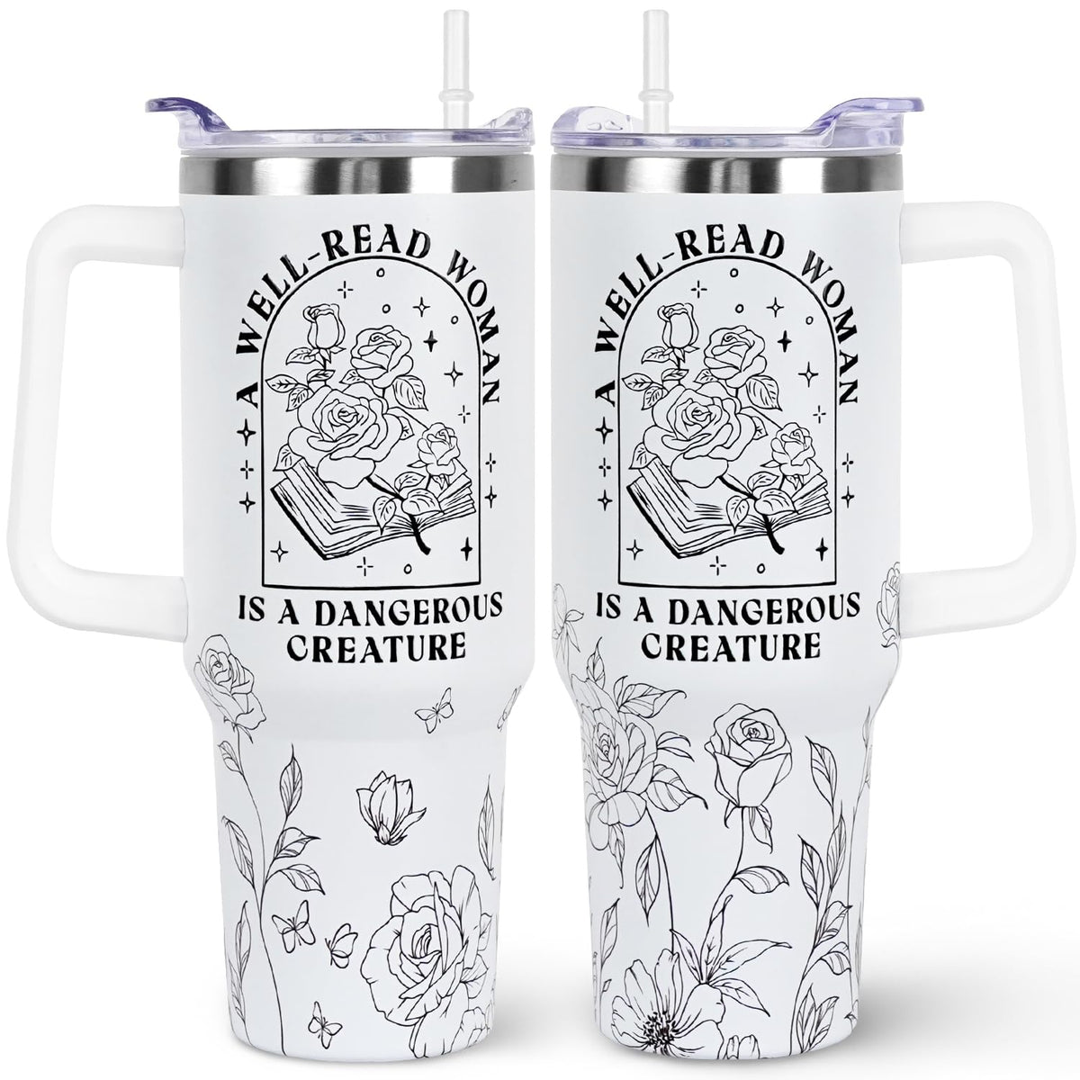 wesncdch book lovers 40oz tumbler with handle and straw lid for convenient on-the-go sipping.