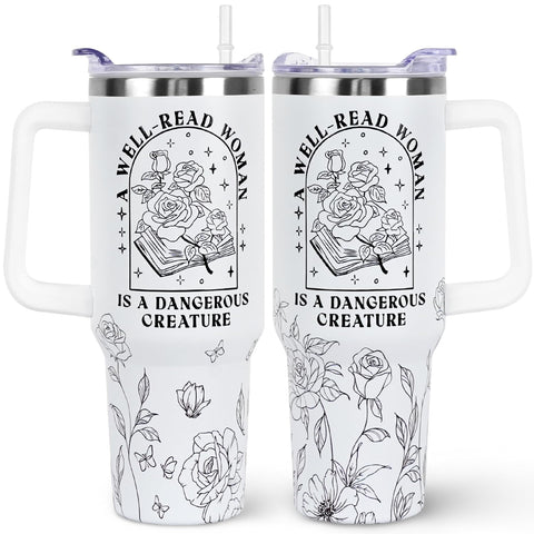 wesncdch book lovers 40oz tumbler with handle and straw lid for convenient on-the-go sipping.