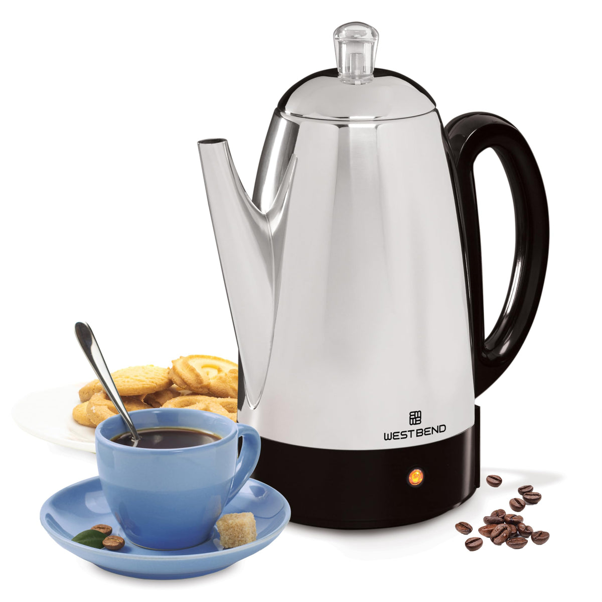 West Bend percolator classic stainless body ideal for entertaining coffee.