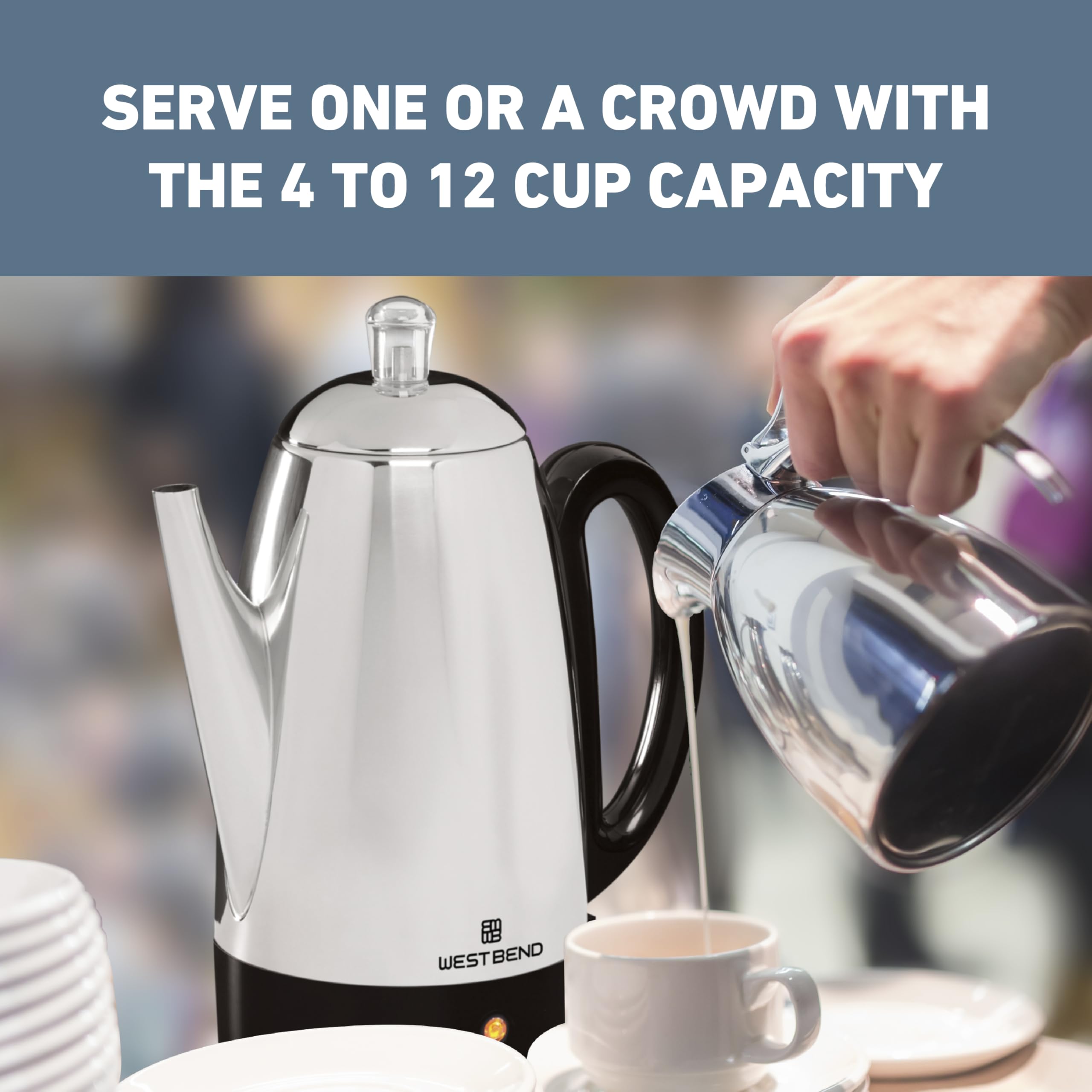 West Bend percolator detachable cord for table-side serving convenience.