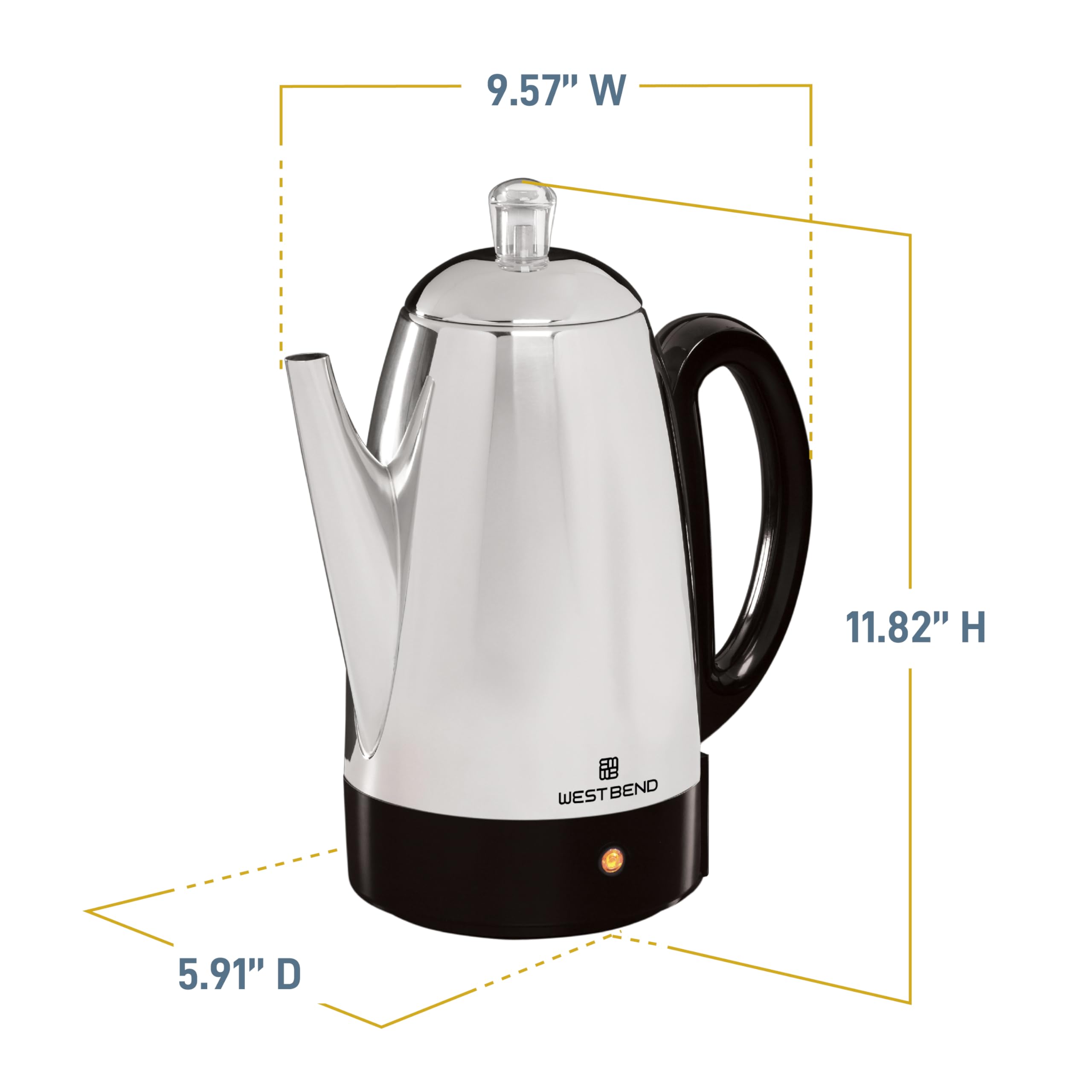 West Bend percolator with heat-resistant handle and base for safe serving.