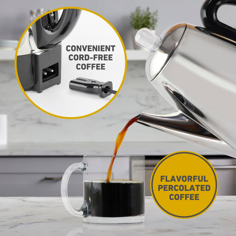 West Bend percolator stainless steel stem and basket ensure durable brewing.