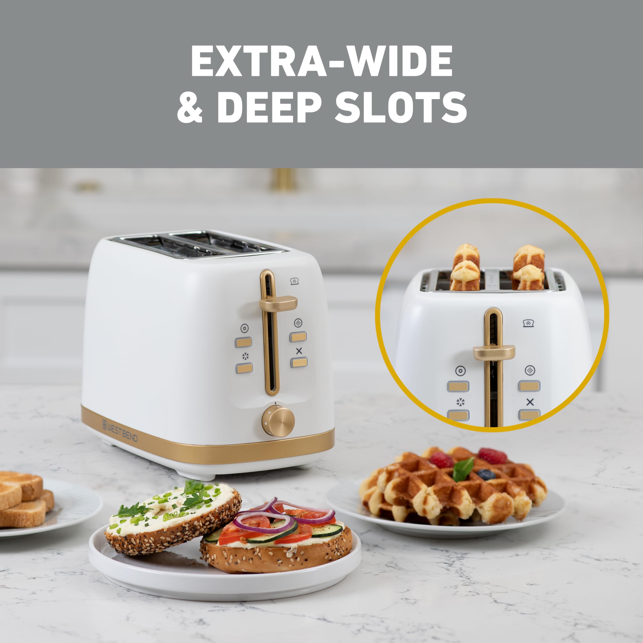 West Bend Timeless toaster displaying Bagel/Waffle/Defrost settings on the panel.