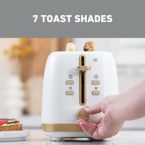 West Bend Timeless toaster showing seven browning levels for precise results.