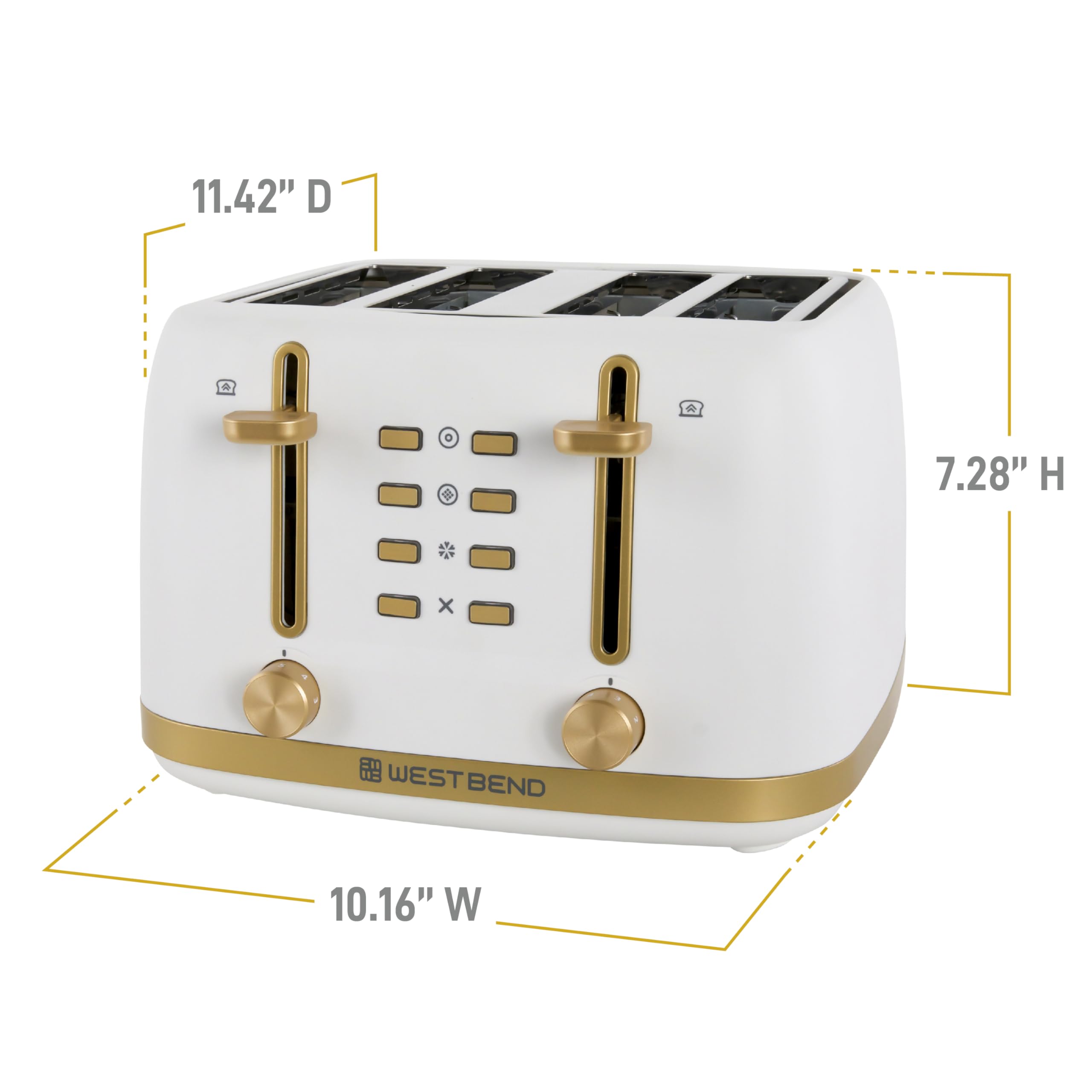 West Bend Timeless toaster in white and gold accents brightening the kitchen.