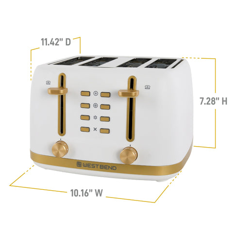 West Bend Timeless toaster in white and gold accents brightening the kitchen.