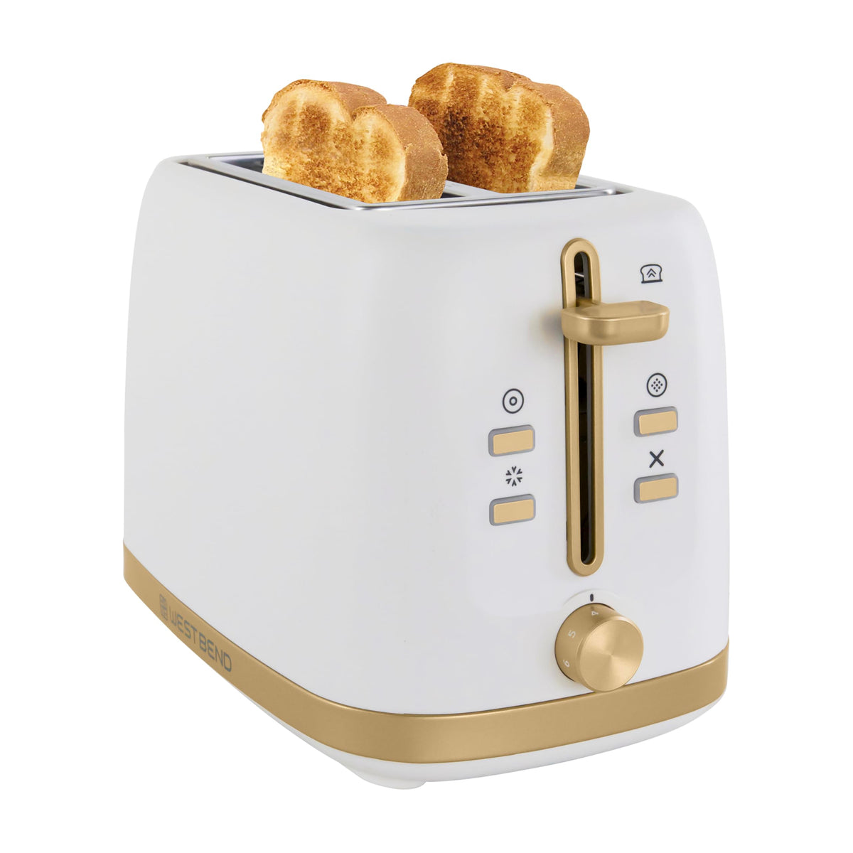 West Bend Timeless toaster front view with white and gold finish.