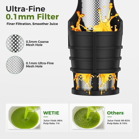 WETIE double-layer filter delivers smoother juice with reduced sediment.