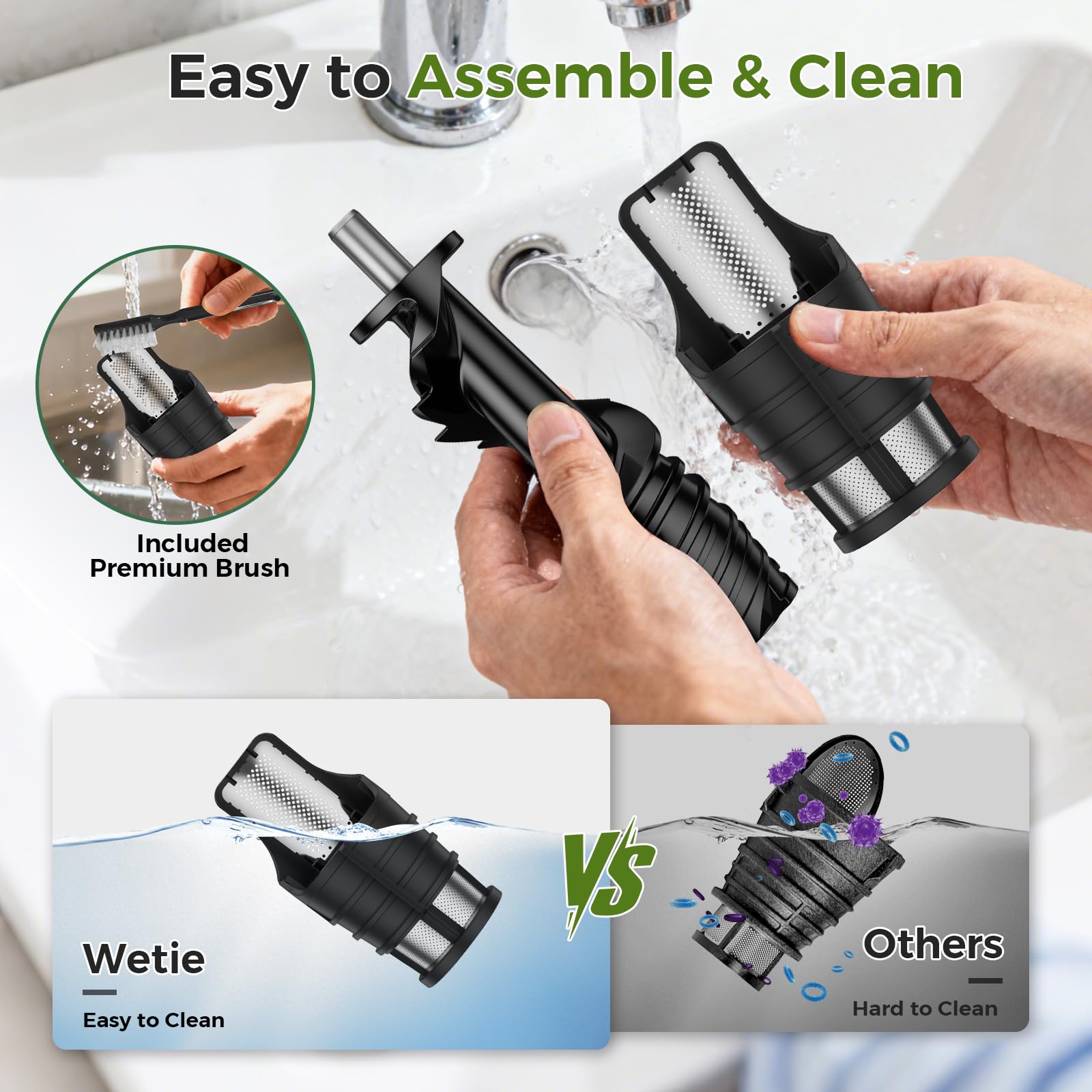WETIE easy-clean brush accelerates thorough cleaning of the filter.