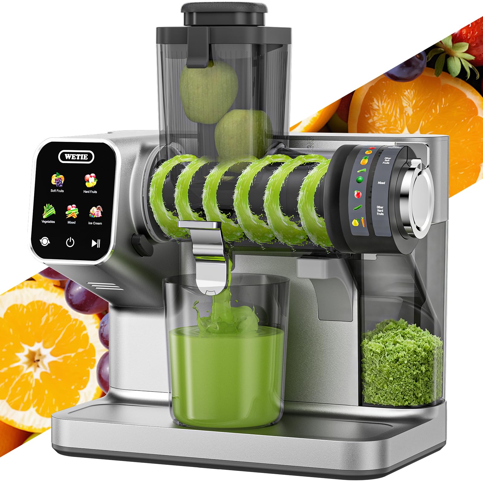 WETIE Cold Press Juicer front-angle view showing compact footprint ideal for small kitchens.
