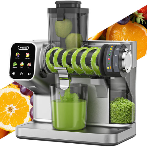 WETIE Cold Press Juicer front-angle view showing compact footprint ideal for small kitchens.