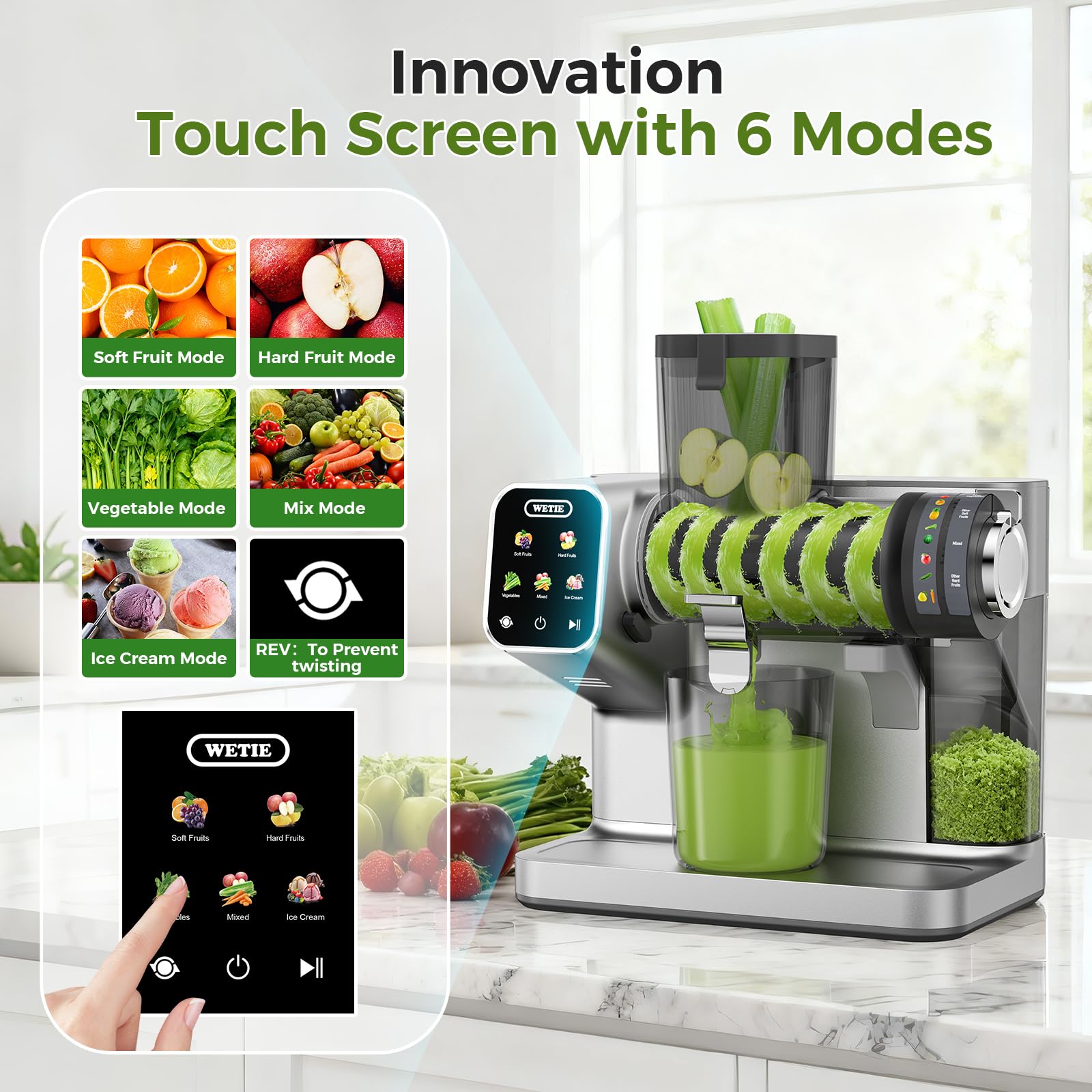 WETIE touch-screen display demonstrating easy six-mode control for ingredients.