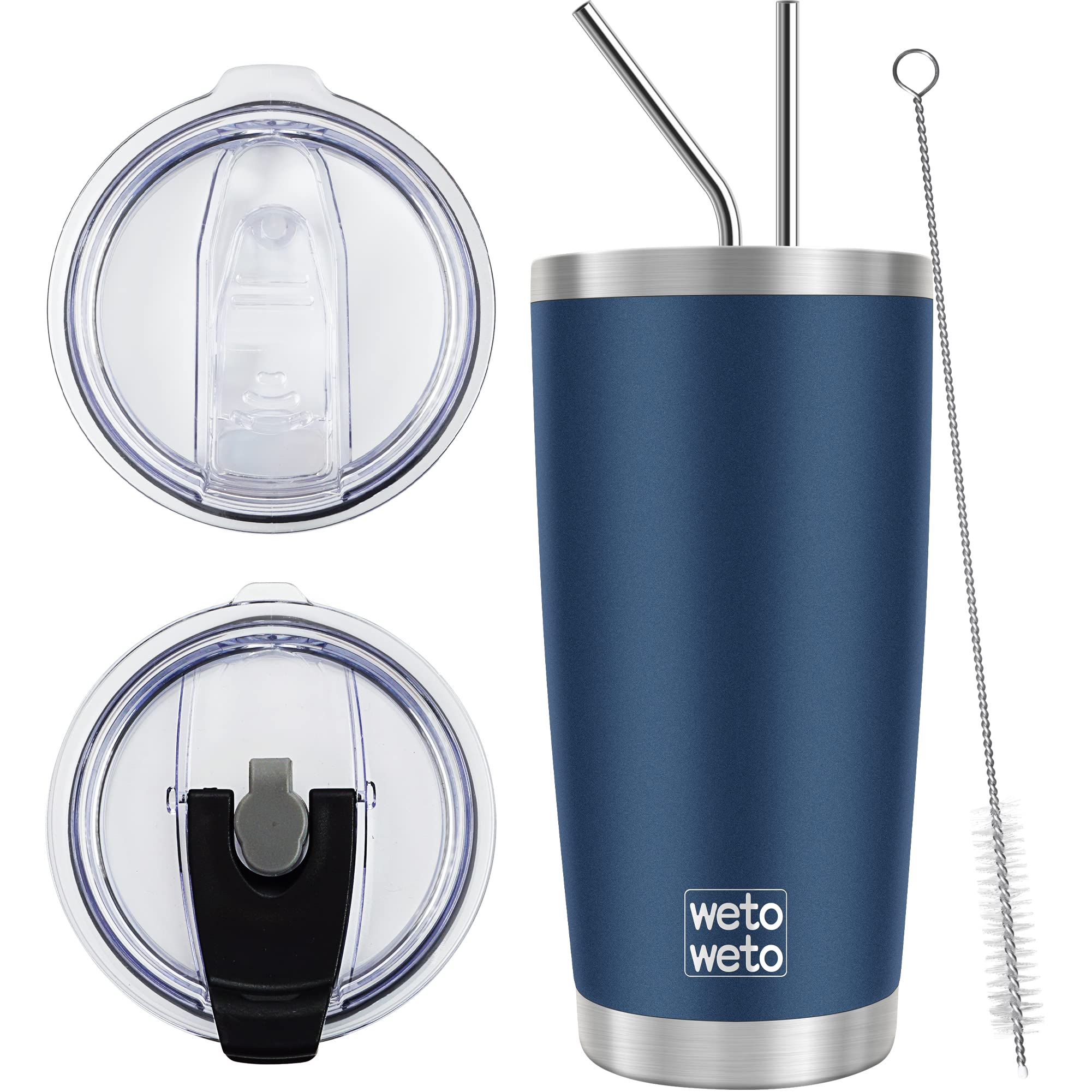 Wetoweto 20oz navy tumbler with two lids for versatile on-the-go hydration
