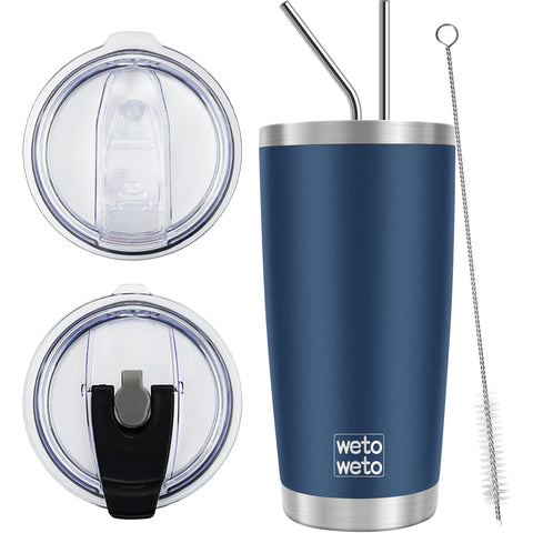 Wetoweto 20oz navy tumbler with two lids for versatile on-the-go hydration