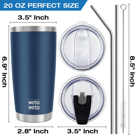 Wetoweto 20oz tumbler navy with two straws for cold or hot drinks