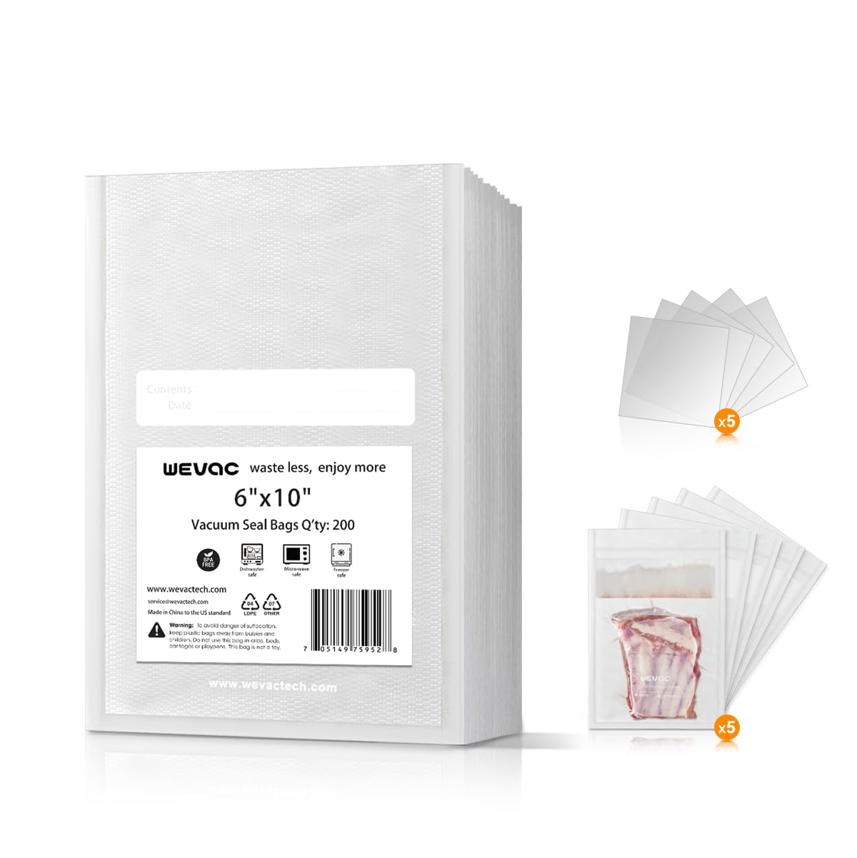 Wevac 6x10 vacuum sealer bags provide airtight protection for fresh food storage.