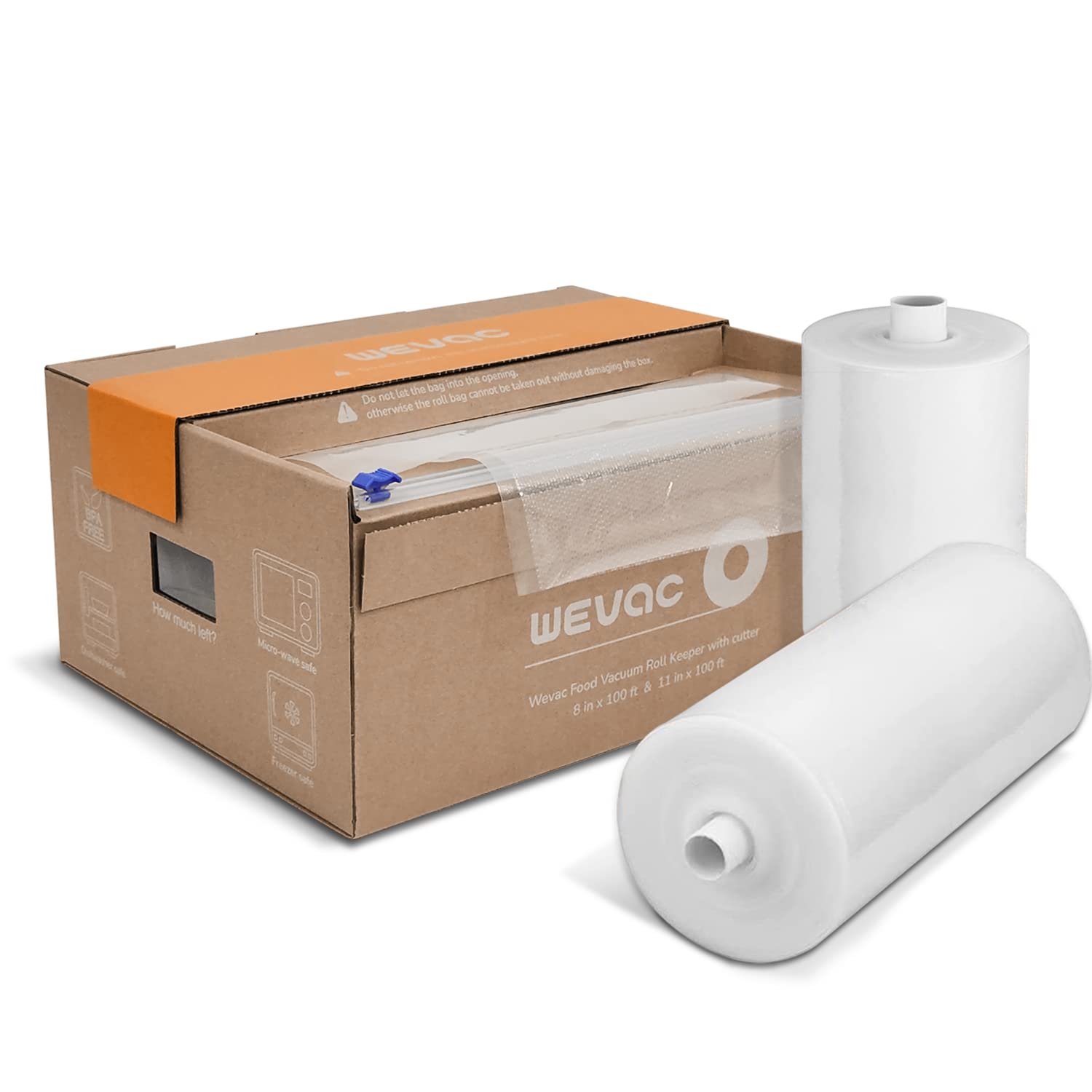 Wevac 8x100 roll-keeper with cutter box preserves freshness and tidies storage.
