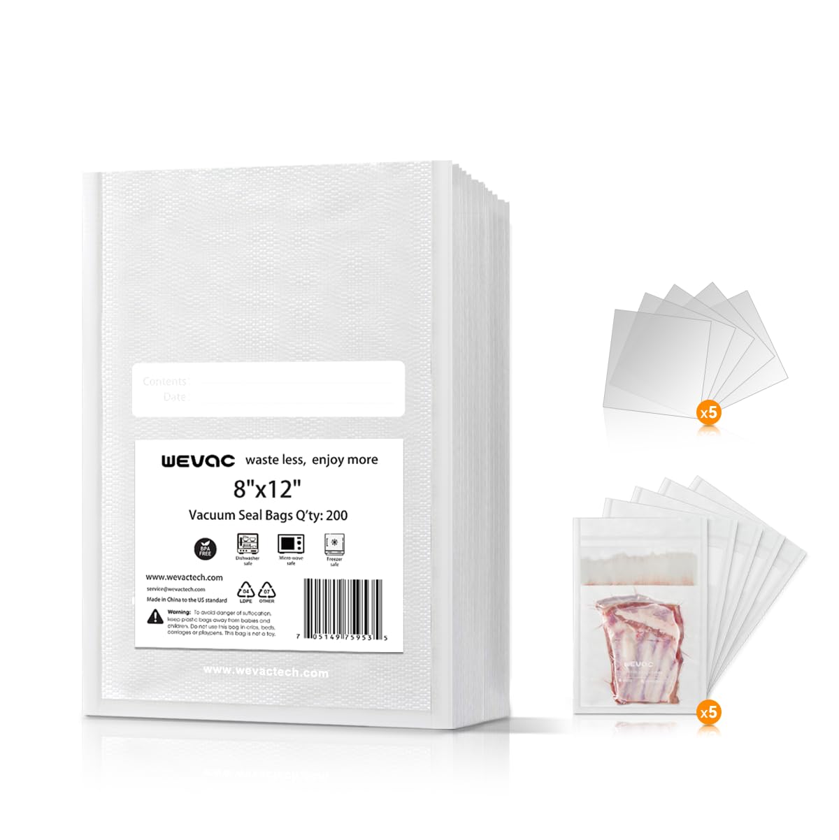 Wevac 8x12 precut bags ready for sous vide storage and meal prep.