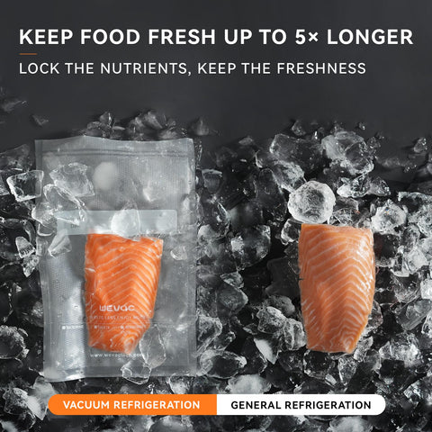 Wevac vacuum bags keep marinated items neatly contained for easy storage.