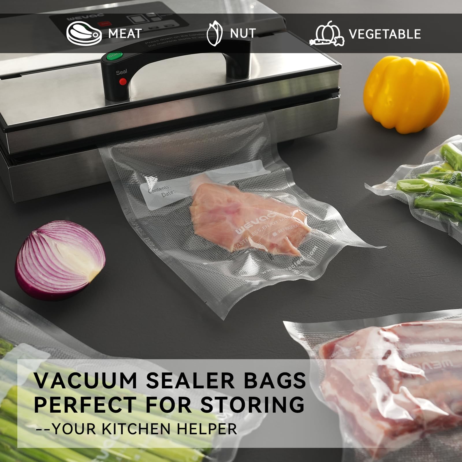 Bone guard pieces protecting bags during sealing of sharp foods.