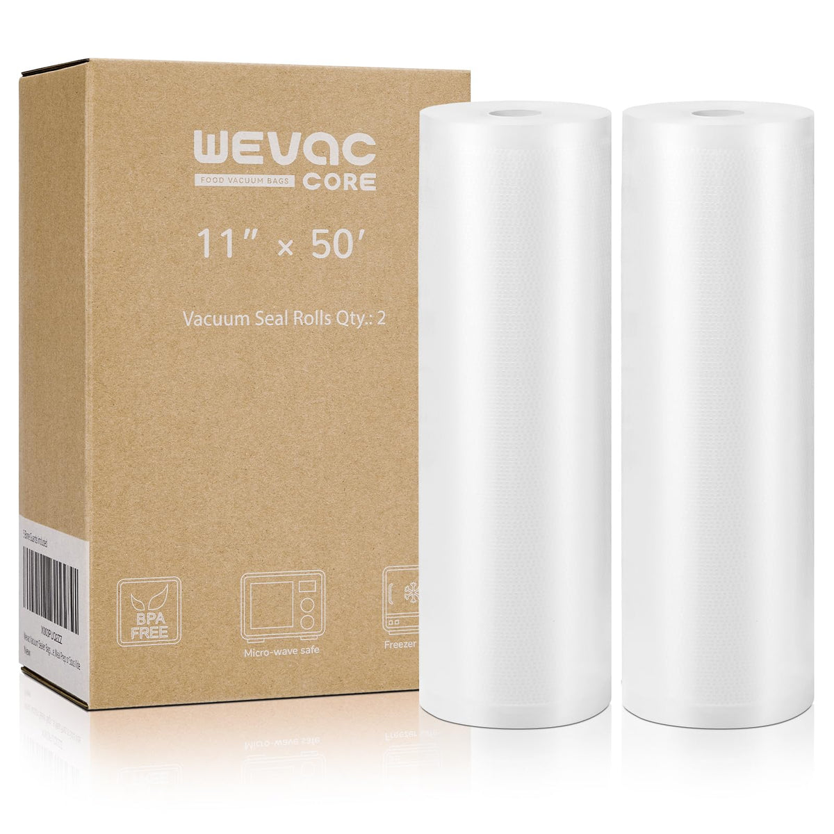 Wevac vacuum sealer bags 11x50 rolls, two-pack, ideal for long-term storage and freezer protection.