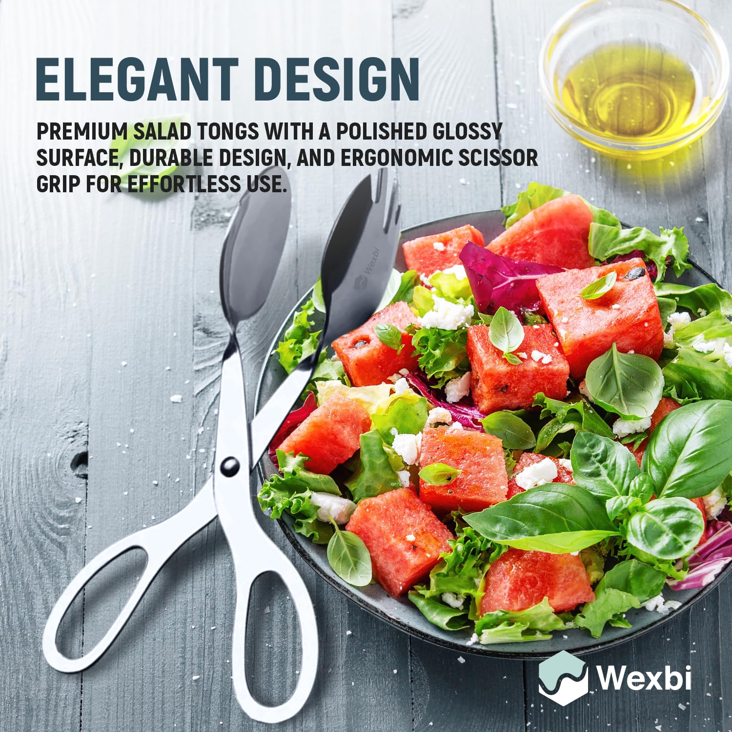Wexbi salad tongs ideal for leafy greens and pasta servings.