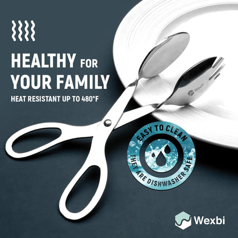 Wexbi salad tongs shown in use at table for pasta and greens.