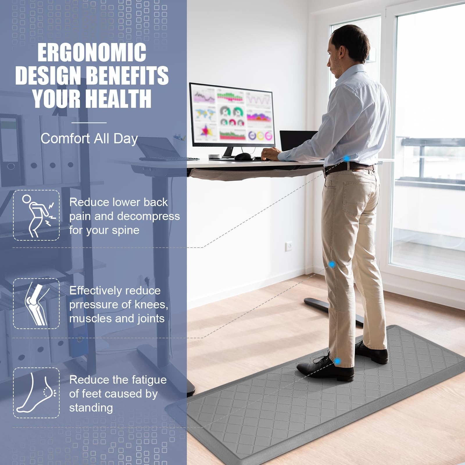 WEZVIX Cushioned Kitchen Mat with non-slip beveled edge protects against slips while cooking.