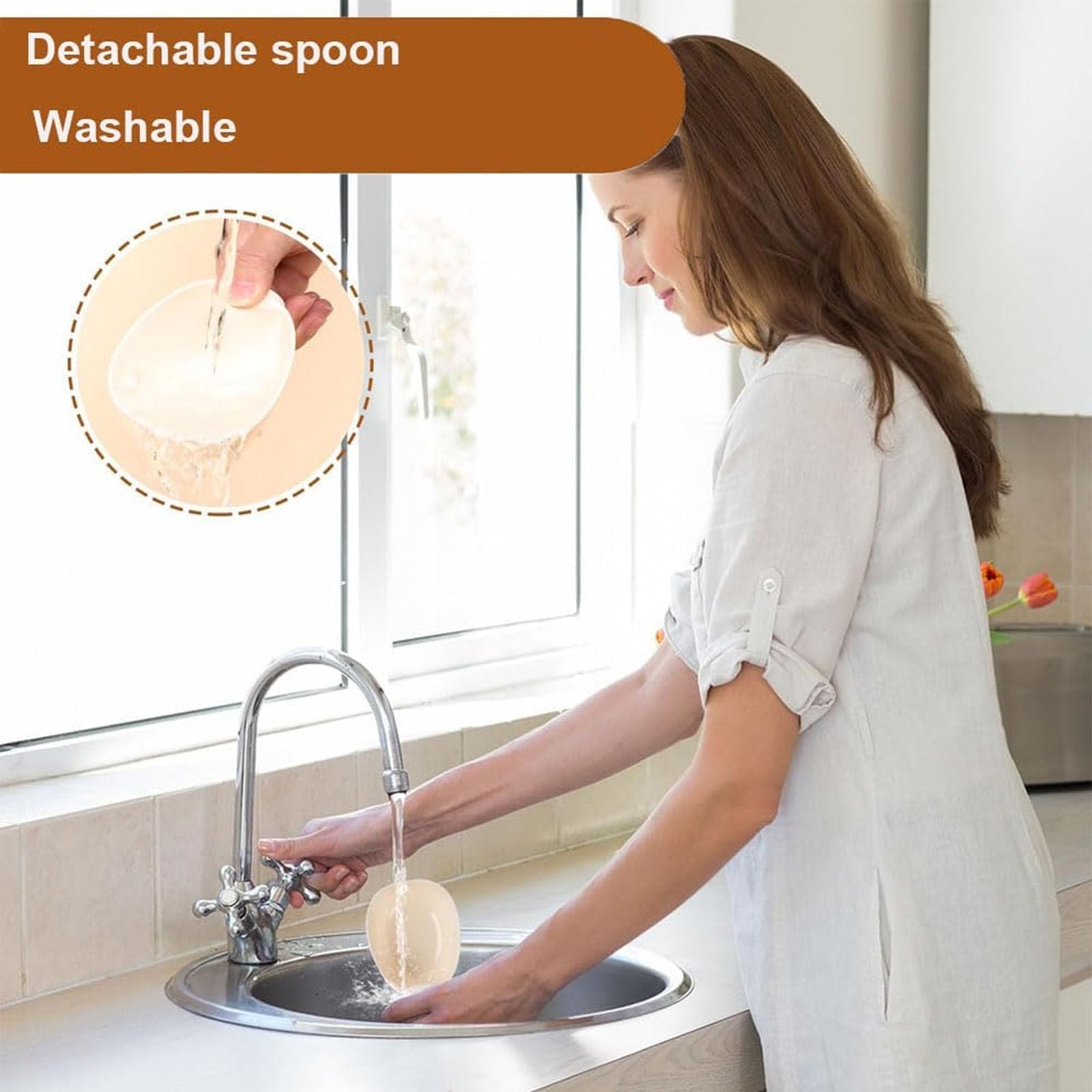 The easy-clean removable scoop on the wfofmo highlights washing convenience.