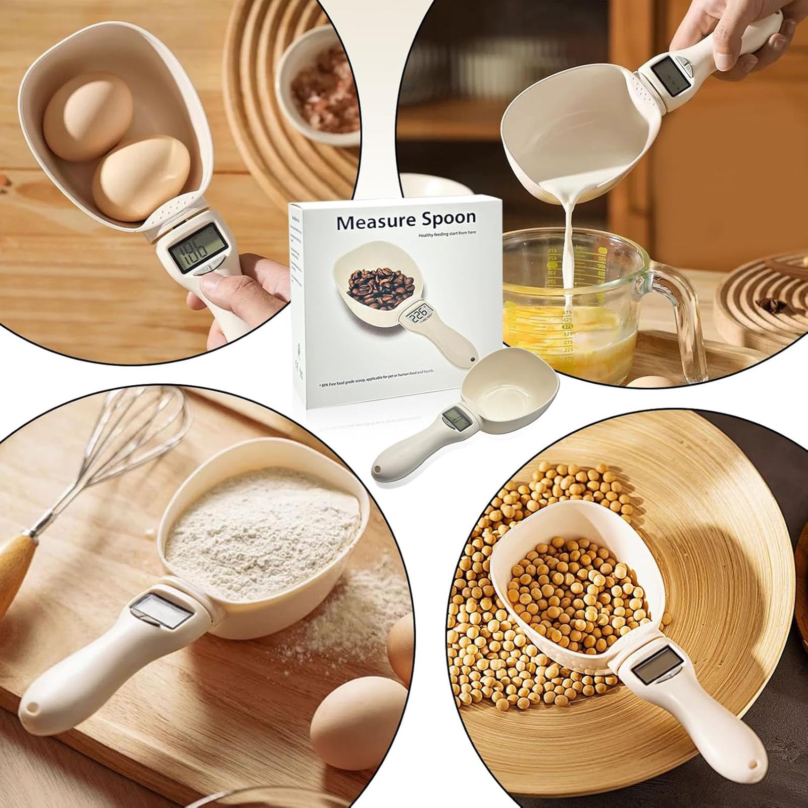 The wfofmo spoon measures pet food portions and other ingredients.