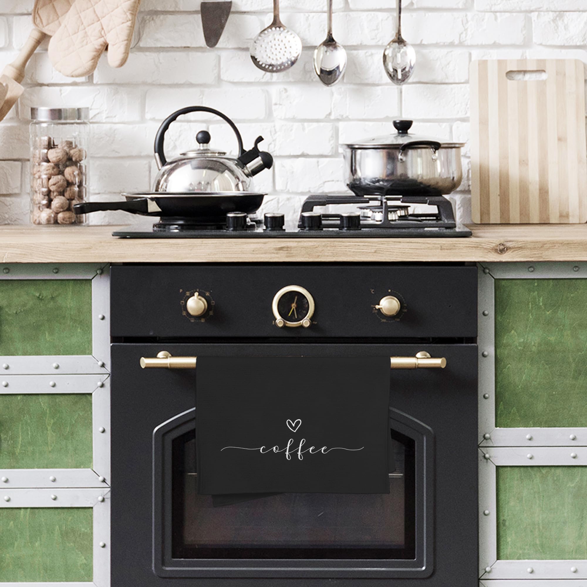 WFSM coffee decor towel wipes countertops while stylish design accents kitchens.