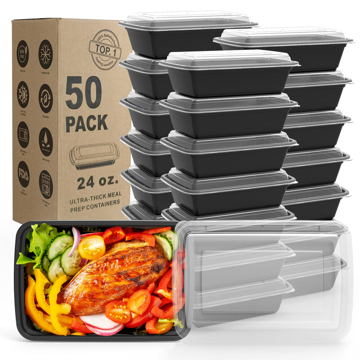 WGCC meal prep 50-pack stackable containers with lids for organized meal planning