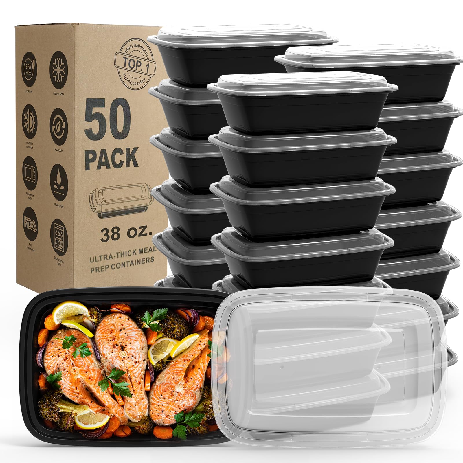WGCC meal prep containers 50-pack with 38oz capacity, stackable for organized meals.