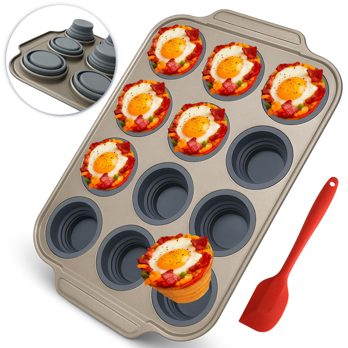 Whalead silicone muffin pan 12-cup assembled for easy release.