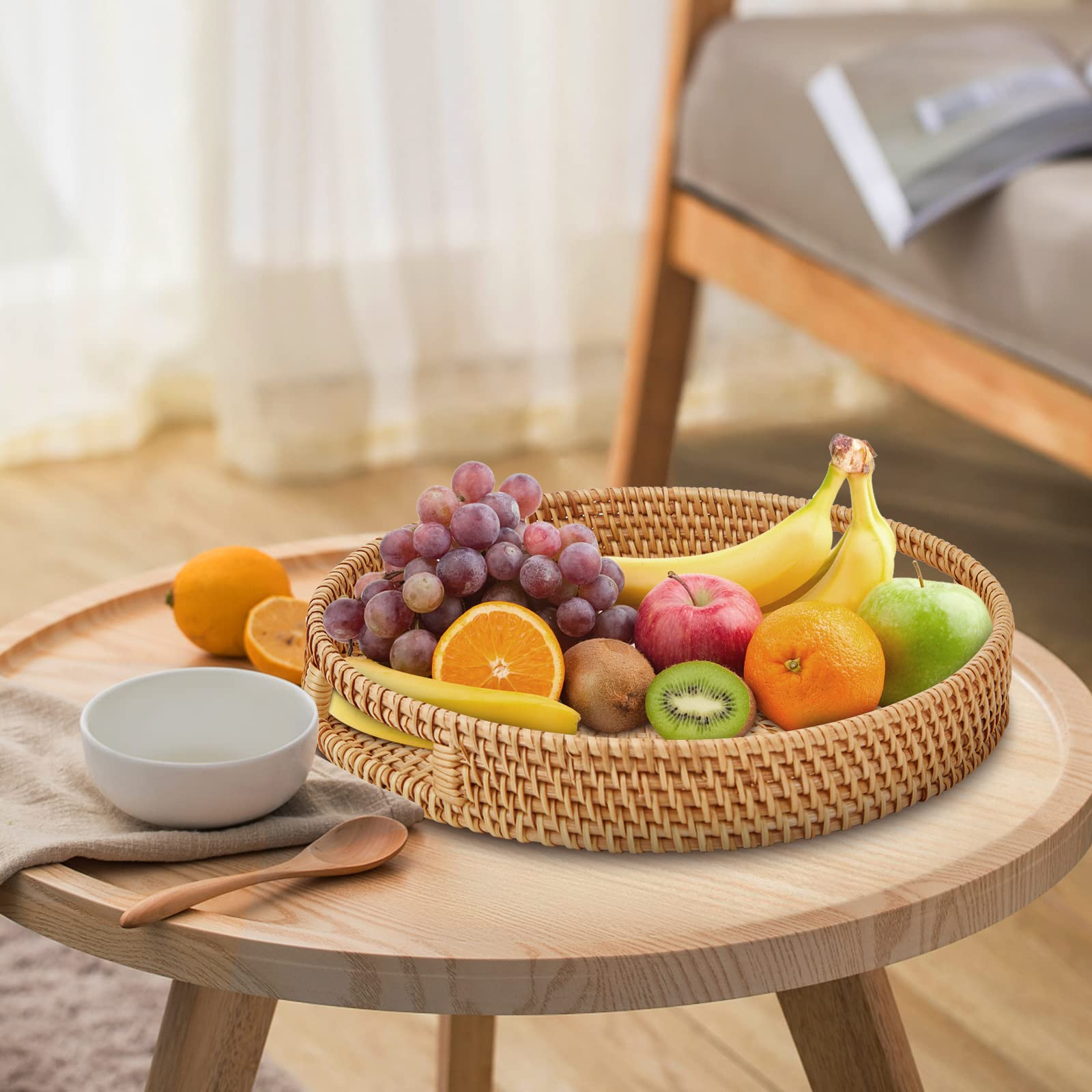 Whalehub Round Rattan Tray closeup weave shows sturdy handwoven details.