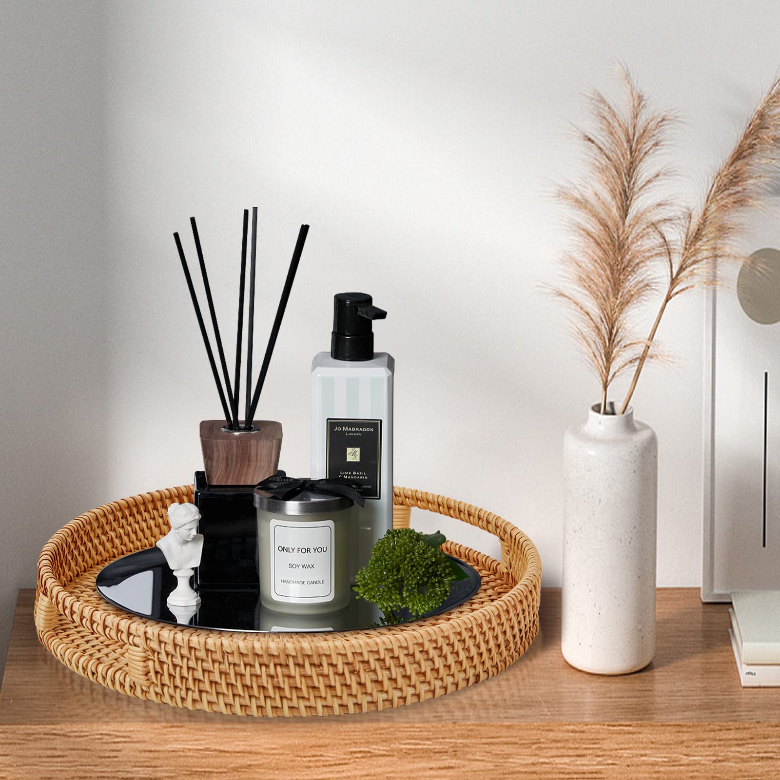 Whalehub Round Rattan Tray in kitchen setting for organized essentials.