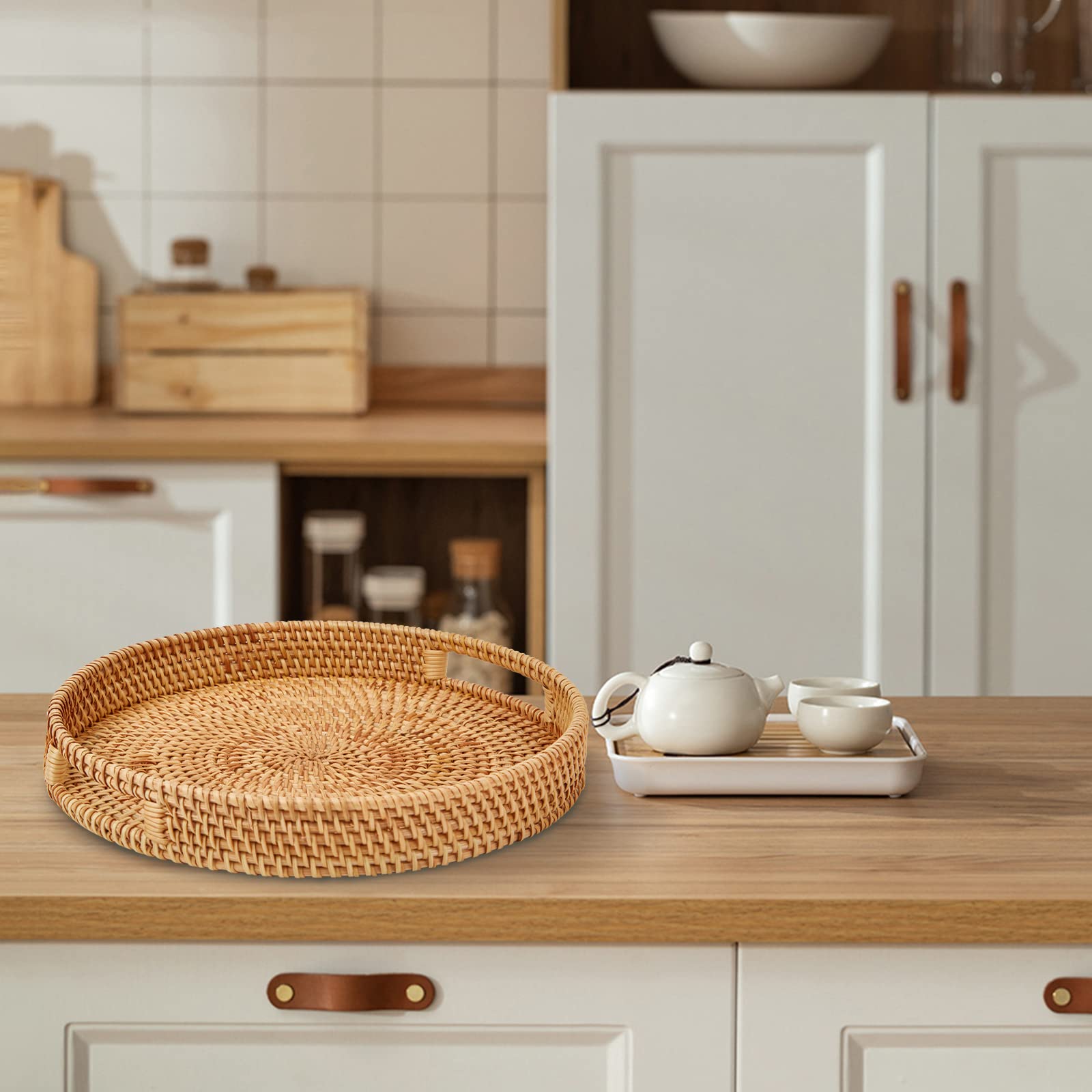 Whalehub Round Rattan Tray serving setup with cups and desserts.