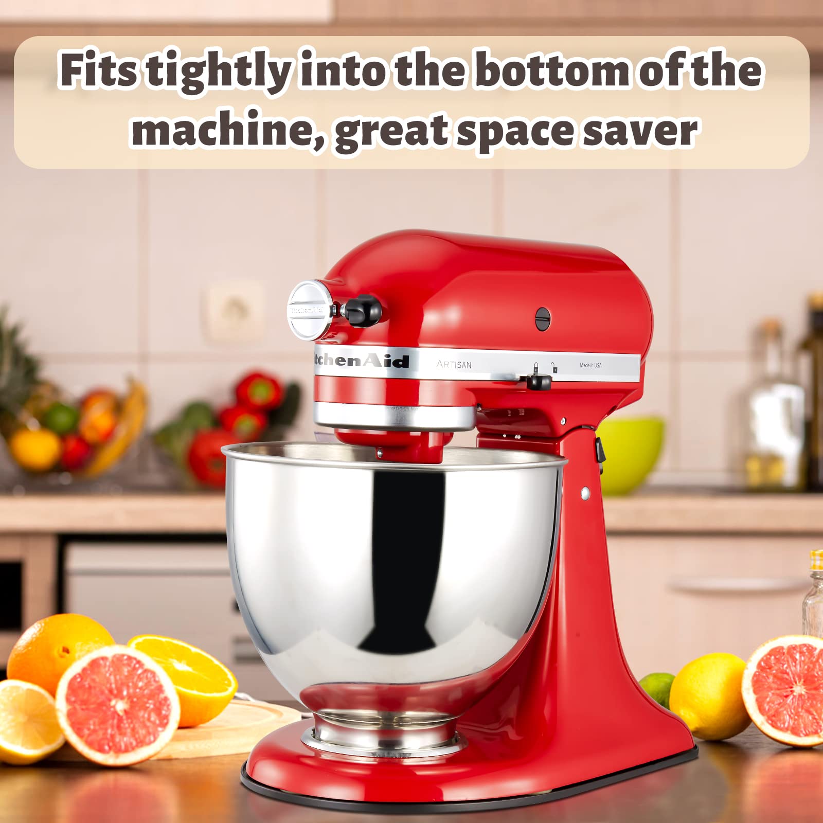 Whaleme sliding tray shown beside multiple KitchenAid stands, showing versatility.