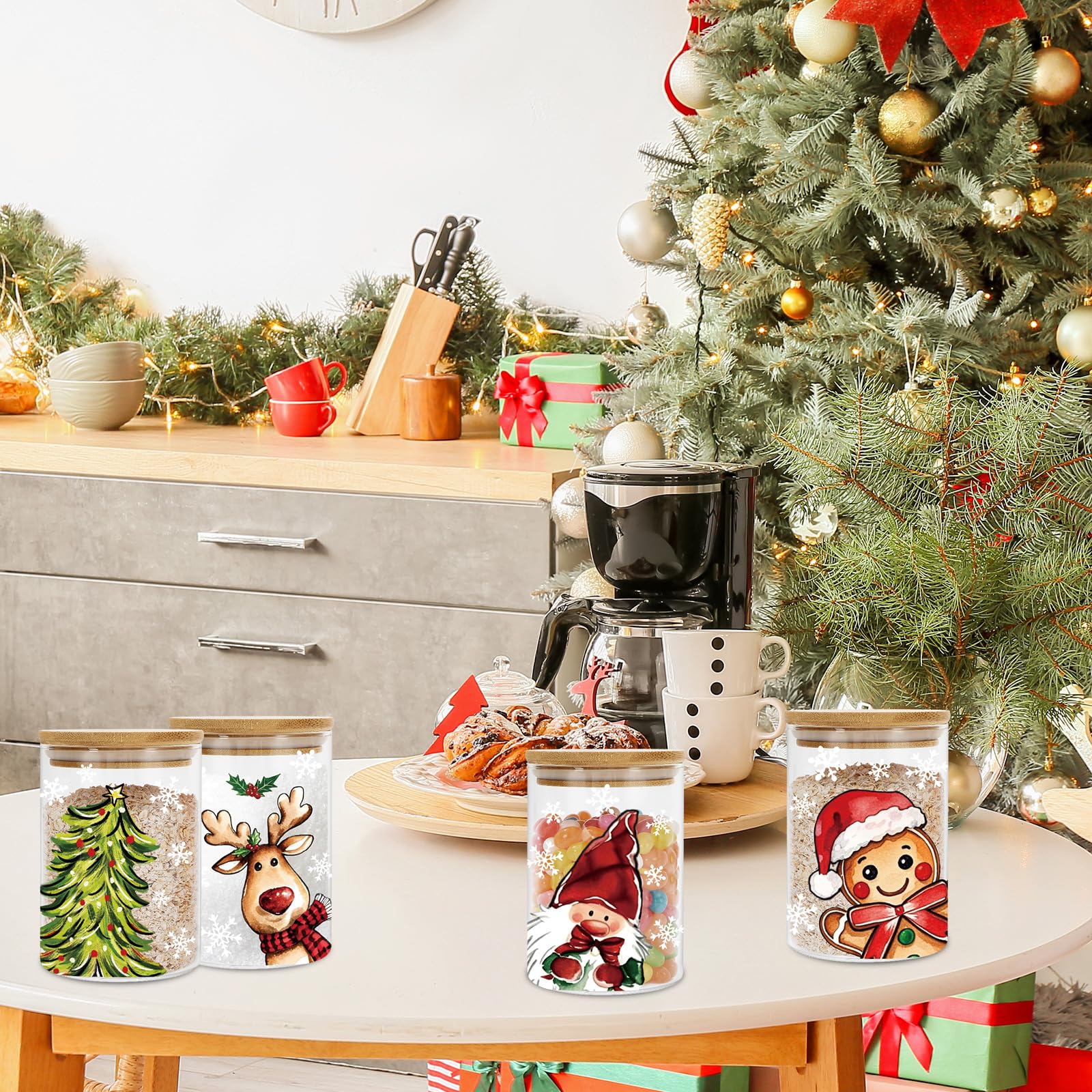 Whaline Christmas decorative glass jar set enhances countertop display.