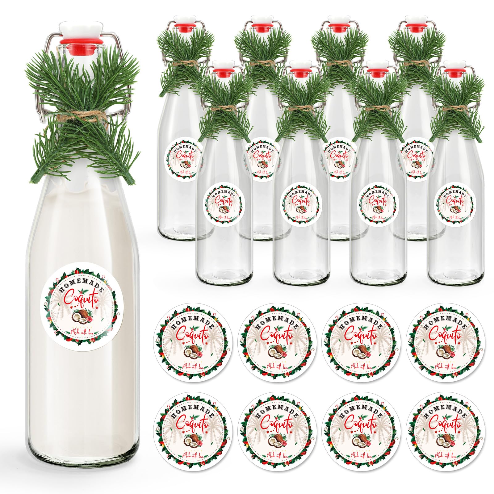 Whaline coquito swing-top bottle 16oz showcases beverage in clear glass for festive serving