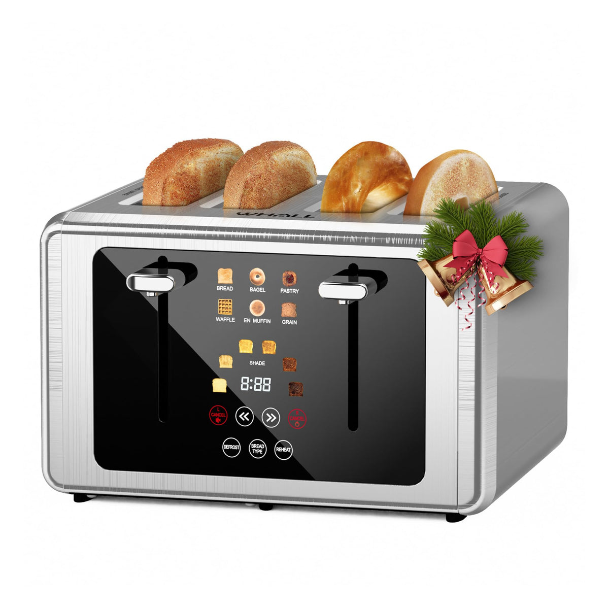 Whall titanium 4-slice toaster with a bright display and precise touchscreen controls for easy toasting.