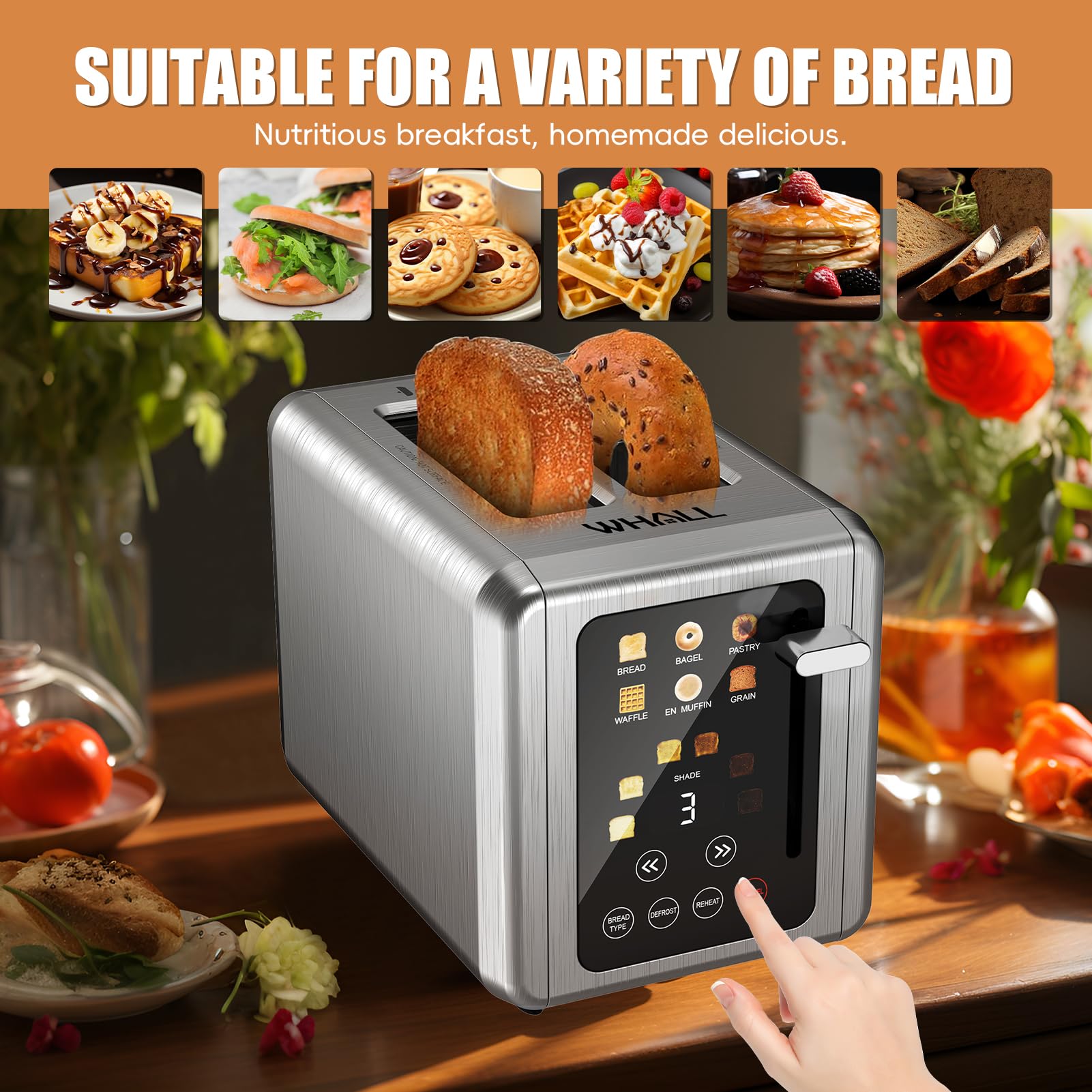 Whall extra-wide slots fit thick slices and bagels with even toasting