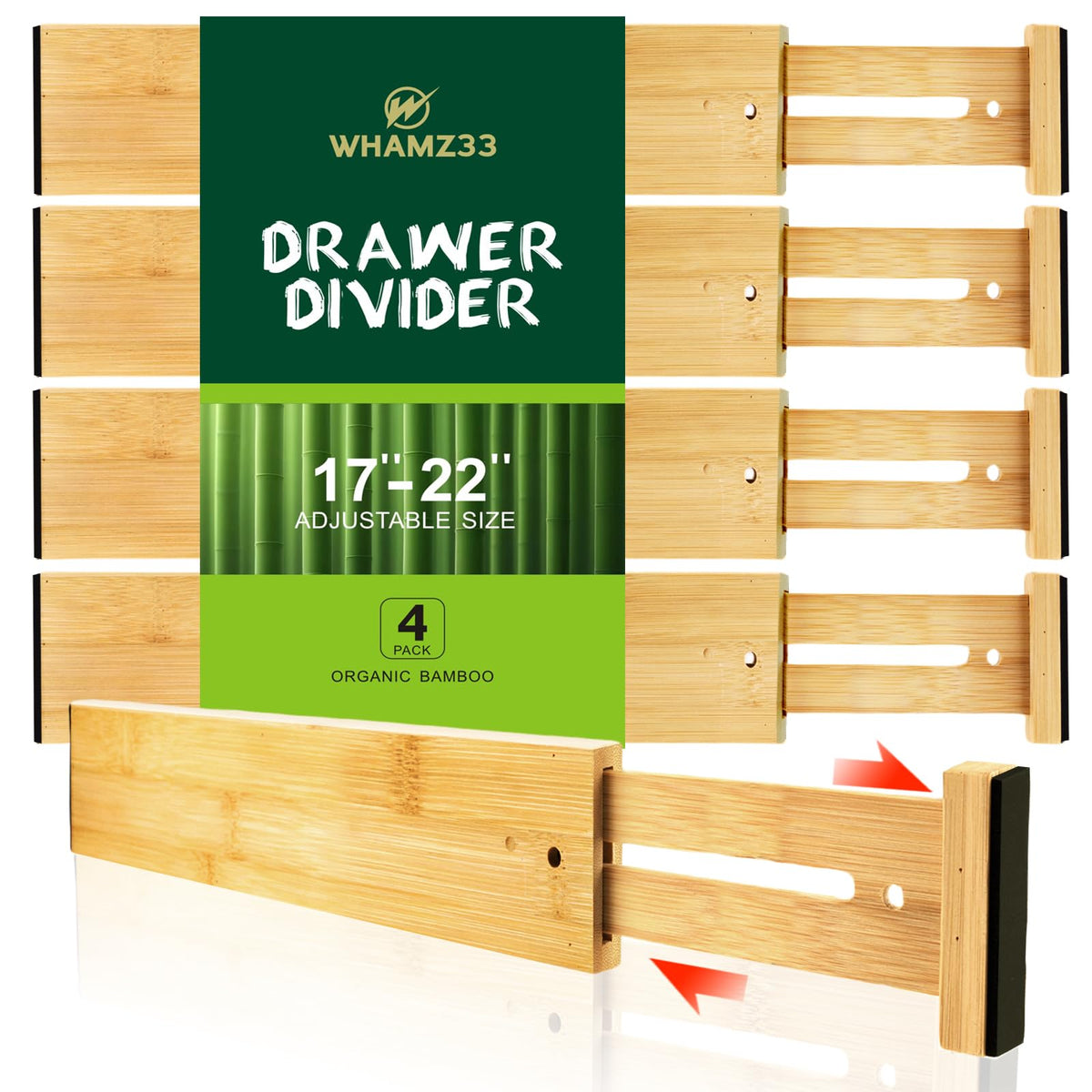 WHAMZ33 W bamboo drawer dividers adjustable 17-22 inches keep drawers neatly organized.