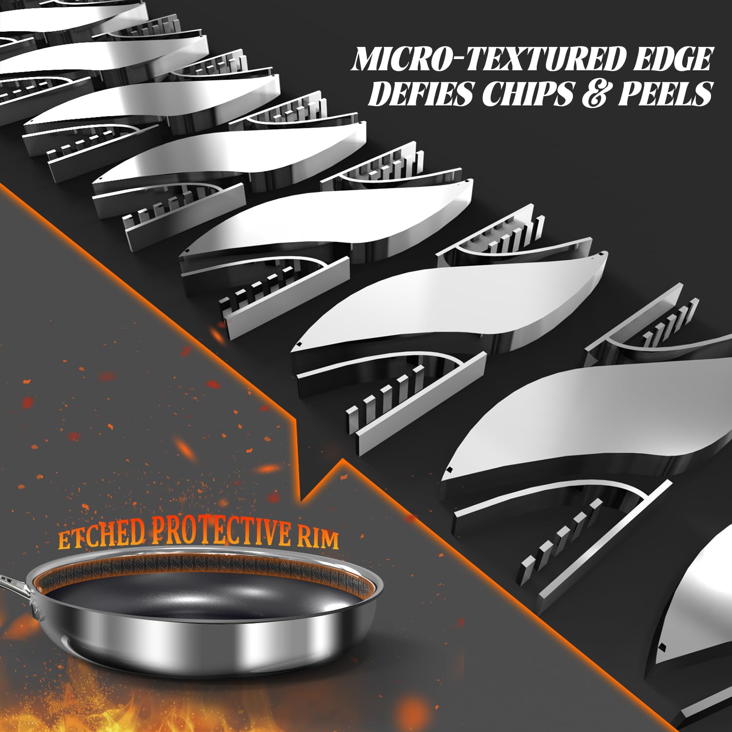 WhatsClad 3-ply stainless steel core cross-section highlights robust, warp-resistant construction.