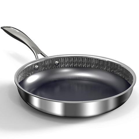 WhatsClad hybrid ceramic nonstick pan coating close-up showing smooth food release and even browning.