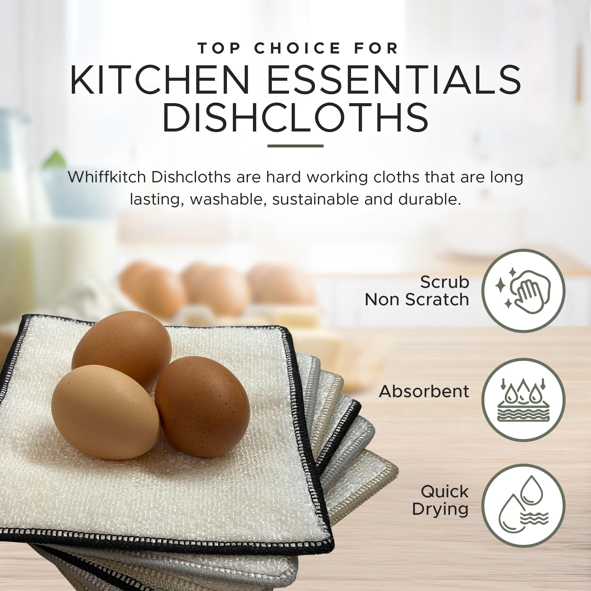 Whiffkitch dishcloths 2-ply scrub texture safe for non-stick cookware.