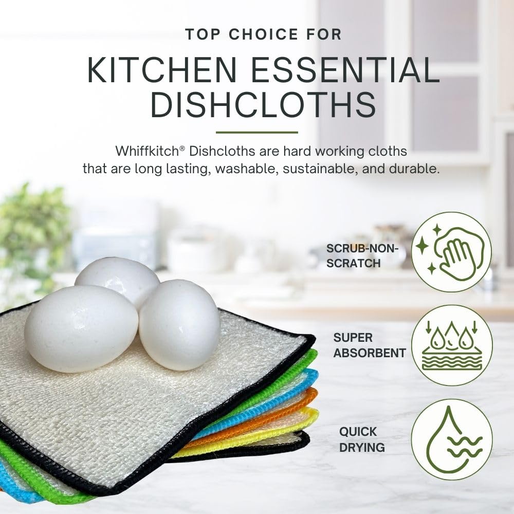 Whiffkitch bamboo-rayon dishcloths demonstrate soft, durable absorbency in daily tasks